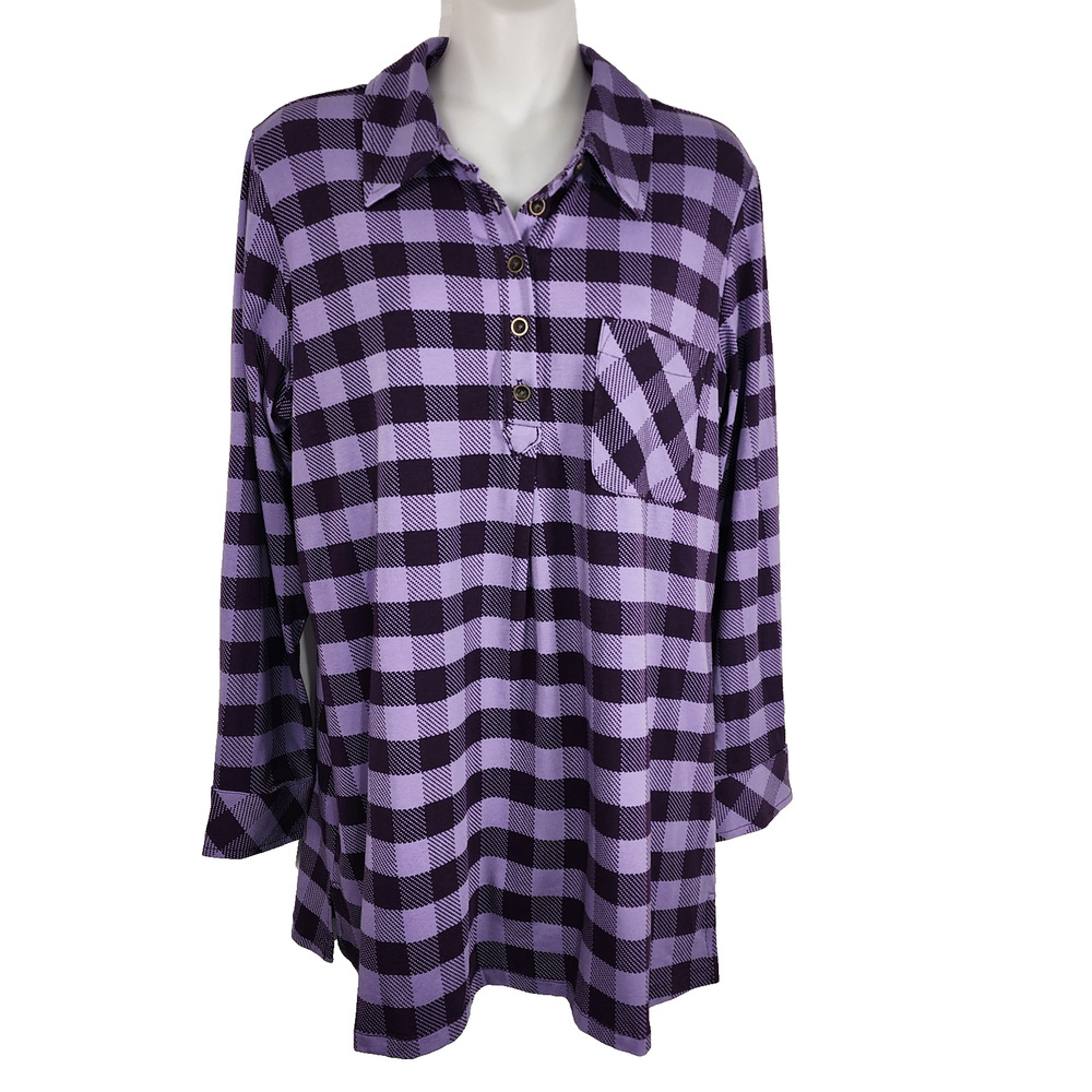 Denim & Co. Women's Buffalo Check So Soft Jersey Henley Tunic Amethyst Size SP